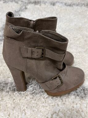 Mossimo Supply Co. Taupe Suede Buckle High-Heel Ankle Boots